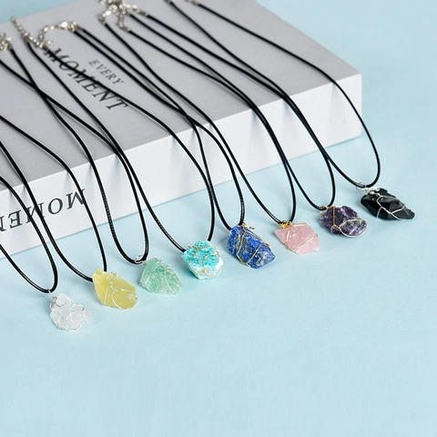 Handmade Natural Raw Crystal Wire Wrapped Pendant Necklace Irregular Stone Bohemian Jewelry With Wax Rope For Women