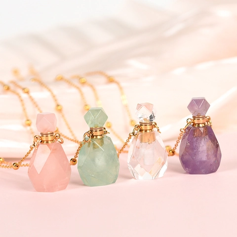 Natural Crystal Perfume Bottle Pendant Necklace Amethyst Rose Quartz Essential Oil Diffuser Healing Stone Geometric Jewelry For Women