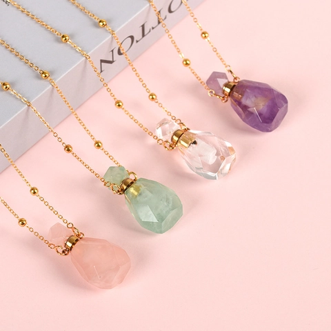 Natural Crystal Perfume Bottle Pendant Necklace Amethyst Rose Quartz Essential Oil Diffuser Healing Stone Geometric Jewelry For Women