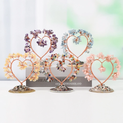 Árbol de Dinero de Cristal en Forma de Corazón Piedras Naturales Base de Ágata Árbol de la Vida Decoración de Escritorio Hogar
