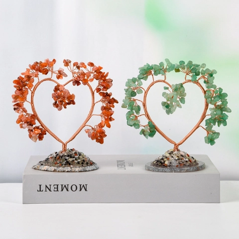 Árbol de Dinero de Cristal en Forma de Corazón Piedras Naturales Base de Ágata Árbol de la Vida Decoración de Escritorio Hogar