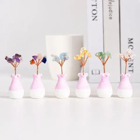 Natural Crystal Money Tree Handmade Copper Wire Wrapped Gemstone Tree In Mini Ceramic Vase Home Office Desk Ornament Decorative Statue