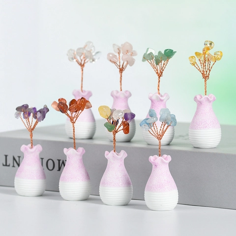 Árbol de Dinero de Cristal Natural Hecho a Mano Envuelto en Alambre de Cobre En Mini Jarrón de Cerámica Adorno de Escritorio Hogar Oficina Estatua Decorativa