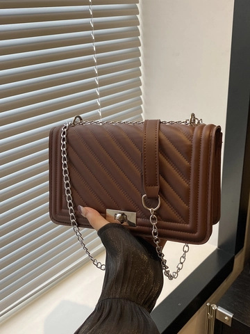 Quilted Crossbody Bag PU Leather V-Pattern Metal Chain Strap Turn Lock Shoulder Small Square Bag Elegant For Women