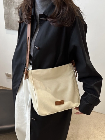 Borsa A Secchiello In Tela Con Tracolla In Pelle Grande Capacità Casual Borsa A Spalla Per Donna Stile Retro Minimalista