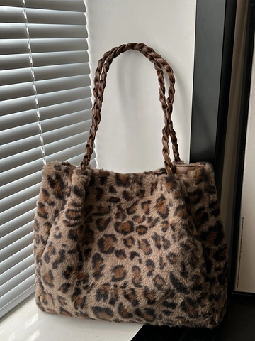 Leopard Print Faux Fur Tote Bag Large Capacity Braided Handle Women Plush Shoulder Bag Autumn Winter Commute Handbag