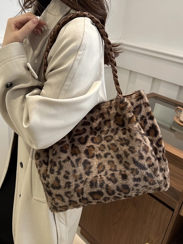 Leopard Print Faux Fur Tote Bag Large Capacity Braided Handle Women Plush Shoulder Bag Autumn Winter Commute Handbag