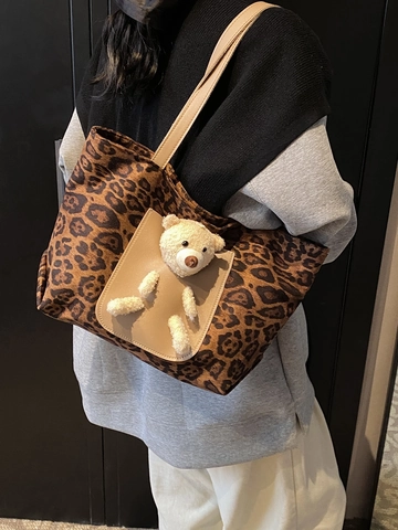 Women Leopard Print Canvas Tote Bag With 3D Plush Teddy Bear Large Capacity Casual Shoulder Bag Shopping Handbag