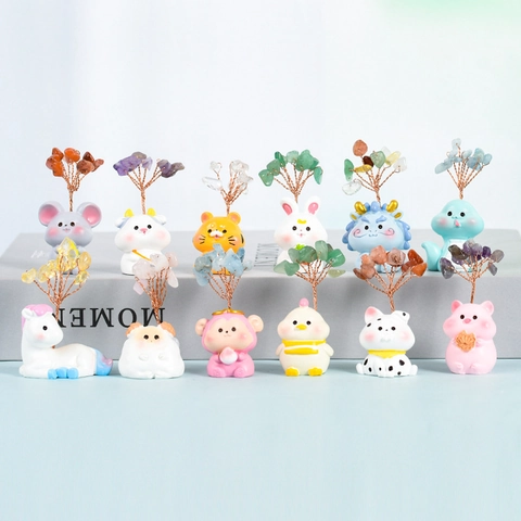 Chinese Zodiac Animal Crystal Tree Ornament Resin Miniature Money Tree Natural Stone Chips Copper Wire Home Office Desk Decor