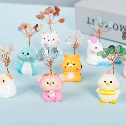 Chinese Zodiac Animal Crystal Tree Ornament Resin Miniature Money Tree Natural Stone Chips Copper Wire Home Office Desk Decor
