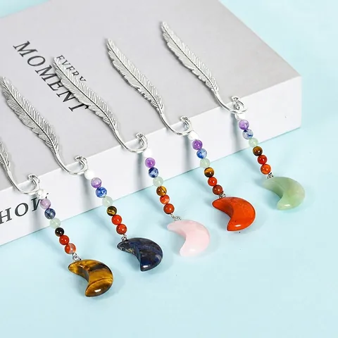 Metal Feather Bookmark With 7 Chakra Beads Natural Stone Crescent Moon Pendant Vintage Spiritual Reading Gift For Women