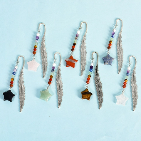 Segnalibro Piuma in Metallo Argento 7 Chakra Perline E Ciondolo Cristallo Naturale Stella Segnalibro Vintage Per Studenti Lettori