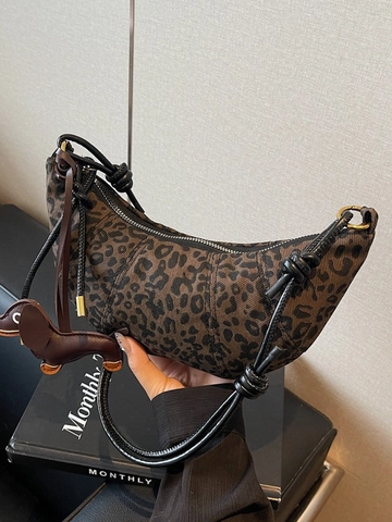Luipaard Hahnentritt Maanvormige Schoudertas Canvas Stof Crossbodytas Met Teckel Hanger Retro Casual Dames Handtas