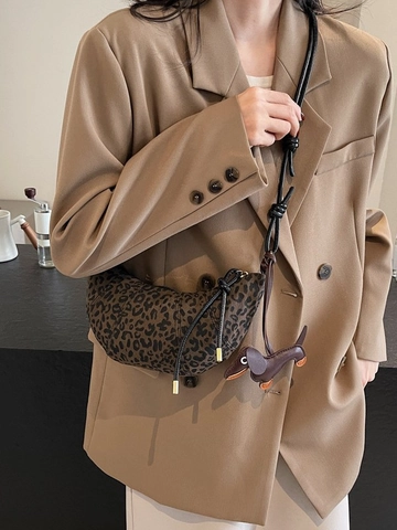 Luipaard Hahnentritt Maanvormige Schoudertas Canvas Stof Crossbodytas Met Teckel Hanger Retro Casual Dames Handtas