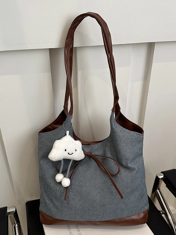 Women Retro Denim Tote Bag Large Capacity Handbag With PU Leather Trim Bow Tie And Cute Cloud Plush Pendant Korean Style