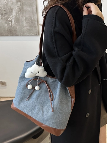 Women Retro Denim Tote Bag Large Capacity Handbag With PU Leather Trim Bow Tie And Cute Cloud Plush Pendant Korean Style