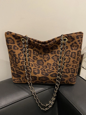 Leopard Muster Tote Bag Für Damen Große Kapazität PU Leder Samt Handtasche Mit Metallkettenriemen Und Bär Charm Retro Chic