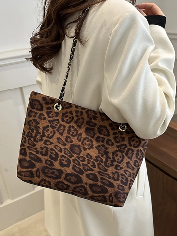 Leopard Muster Tote Bag Für Damen Große Kapazität PU Leder Samt Handtasche Mit Metallkettenriemen Und Bär Charm Retro Chic