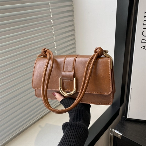 Women Retro PU Leather Shoulder Bag Minimalist Square Flap Crossbody Bag With Gold Metal Buckle Knot Strap Fashion Handbag
