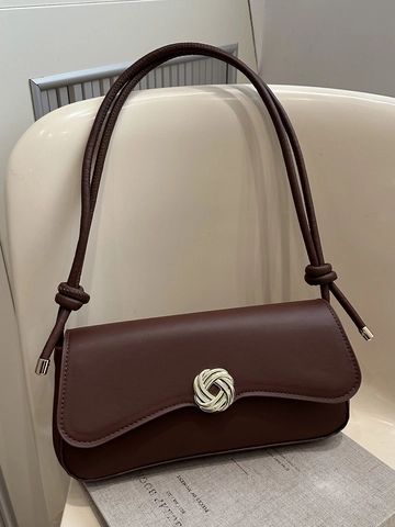 Women PU Leather Underarm Bag Golden Twist Buckle Flap Baguette Bag Vintage Solid Color Shoulder Crossbody Bag Handbag
