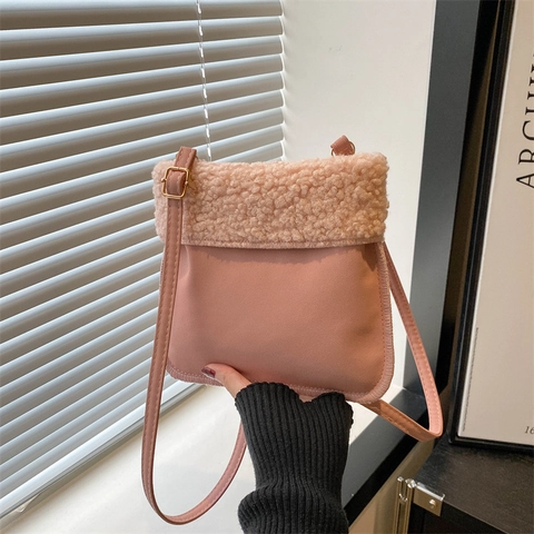Bolso Bandolera de Cuero PU y Lana de Cordero Artificial de Retazos Para Mujer Bolso de Hombro de Felpa Con Osito