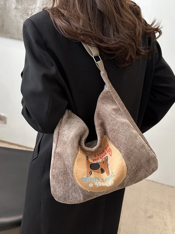 Sac À Épaule En Velours Côtelé Grande Capacité Broderie Chat Patch Rétro Casual Hobo Sangle Réglable