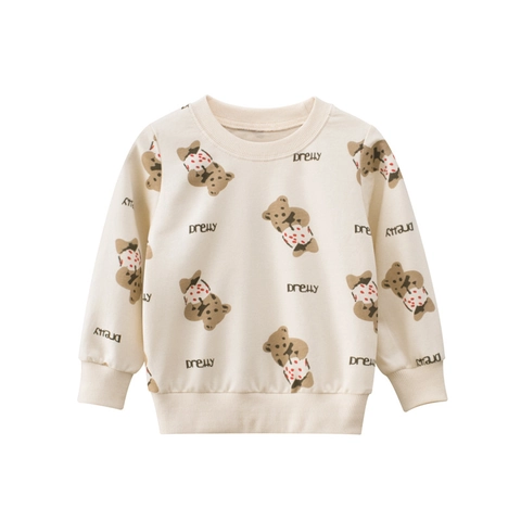 Meisjes Kinderen Katoenen Sweatshirt Cartoon Teddybeer Print Ronde Hals Lange Mouwen Casual Trui Top