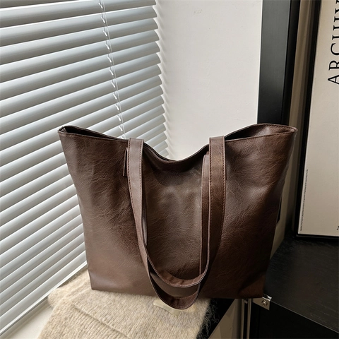 Vintage PU Leather Large Capacity Tote Bag For Women Solid Color Casual Shoulder Bag Retro Commuter Handbag With Zipper