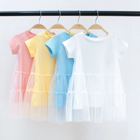 Girls Short Sleeve Princess Dress Cotton Tulle Patchwork Layered Cake Skirt For Summer Daily Party Sweet Apparel