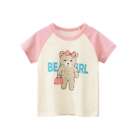 Camiseta de Manga Corta Raglán de Algodón de Verano para Niñas Estilo Coreano Patrón de Oso de Dibujos Animados Blanco Hueso Rosa