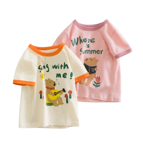 Girls Short Sleeve T-Shirt Cartoon Bear Print Round Neck Contrast Trim Casual Summer Cotton Top For Kids