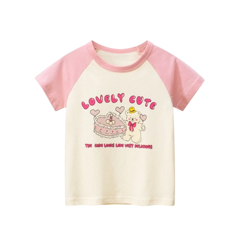 Meisjes Schattig Katoenen T-Shirt Raglan Korte Mouwen Cartoon Beer Taart Print Koreaanse Stijl Ronde Hals Zomer Top