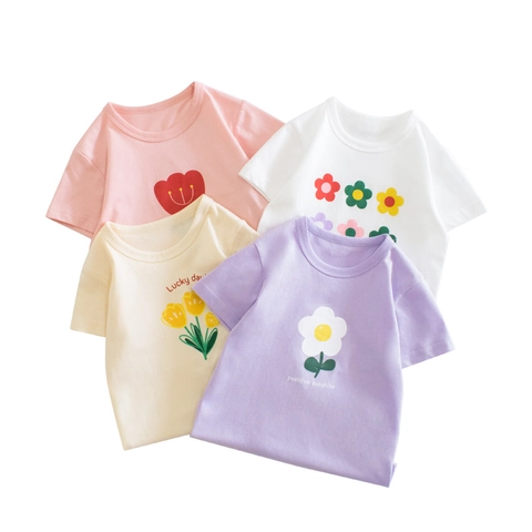 Girls Cotton T-Shirt Short Sleeve Round Neck Flower Print Lucky Letter Casual Summer Top For Kids Toddlers Soft Breathable
