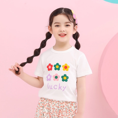 Girls Cotton T-Shirt Short Sleeve Round Neck Flower Print Lucky Letter Casual Summer Top For Kids Toddlers Soft Breathable