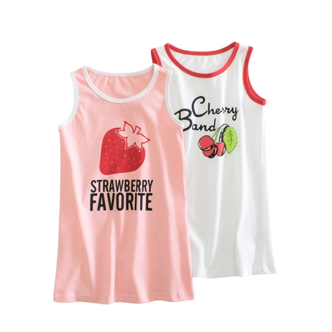 Vestito da Ragazza in 100% Cotone Senza Maniche a Canotta Cartone Animato Stampa Fragola Ciliegia Bordo a Contrasto Estivo Casual per Bambine