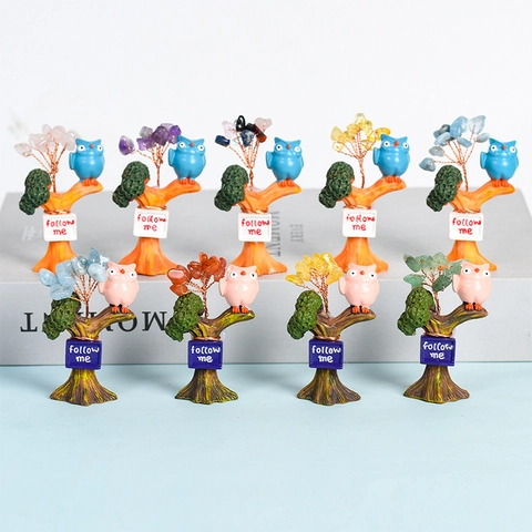 Natürlicher Kristallschotter Baum Eule Figur Ornament Handgefertigter Kupferdraht Umwickelt Heilstein Baum Für Zuhause Büro Schreibtisch Deko