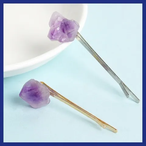 Fermaglio per Capelli in Pietra Grezza di Ametista Naturale Vintage Forcina in Lega Oro Argento Minimalista Accessorio Capelli Fatto a Mano Donna