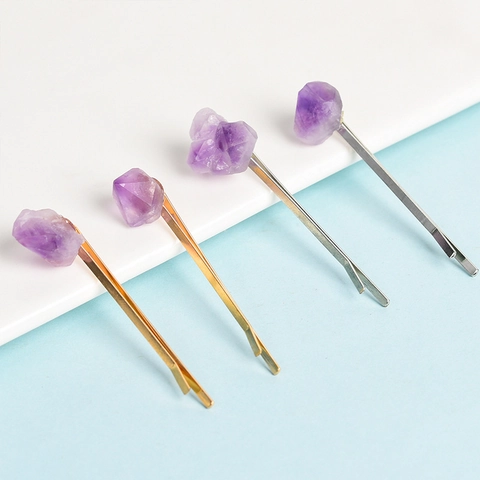 Fermaglio per Capelli in Pietra Grezza di Ametista Naturale Vintage Forcina in Lega Oro Argento Minimalista Accessorio Capelli Fatto a Mano Donna