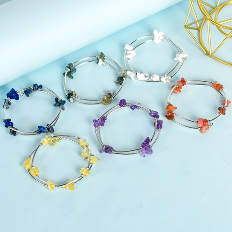 Natural Crystal Crushed Stone Double Layer Wrap Bracelet For Women Handmade Bohemian Alloy Tube Jewelry Gift
