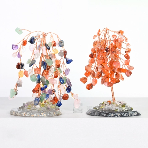Natural Healing Crystal Chips Money Tree Handcrafted Copper Wire Wrapped Willow Tree With Agate Base For Office Desk Home Decor