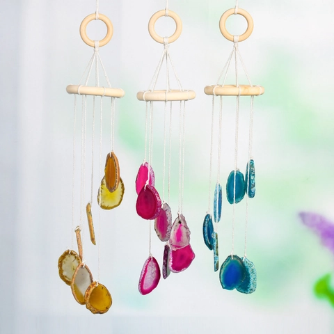 Natürlicher Achat Scheiben Windspiel Hängeornament Holzring Baumwollseil Boho Wohnkultur Wand Fenster Deko Für Wohnzimmer Balkon