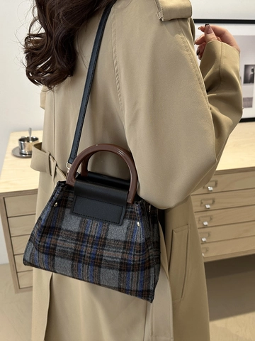 Sac à Épaule en Laine à Carreaux Vintage pour Femmes Style Britannique Motif Grille Sac à Main Avec Poignée Ronde