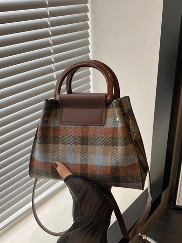 Sac à Épaule en Laine à Carreaux Vintage pour Femmes Style Britannique Motif Grille Sac à Main Avec Poignée Ronde