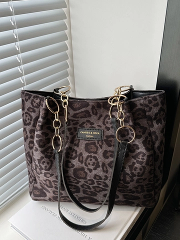Damen Tote-Bag Leopardenmuster PU-Leder Große Kapazität Retro Umhängetasche Goldene Kette Mode Pendler Handtasche