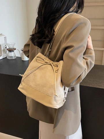 Mochila Vintage De Ante Y Cuero PU Para Mujer Bolso Cubo Con Cordón Gran Capacidad Mochila Escolar Para Estudiantes De Moda Con Colgante