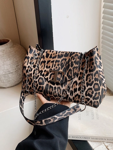 Leopard Print Underarm Shoulder Crossbody Bag PU Leather Metal Chain Large Capacity Fashion For Women Fashionable Handbag