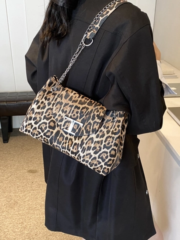 Leopard Print Underarm Shoulder Crossbody Bag PU Leather Metal Chain Large Capacity Fashion For Women Fashionable Handbag