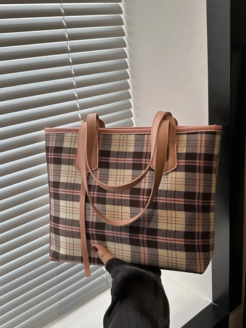 Grand Sac Fourre-tout À Carreaux Toile Cuir PU Sac À Main Épaule Quotidien Commuter Style Coréen Rétro Pour Femmes