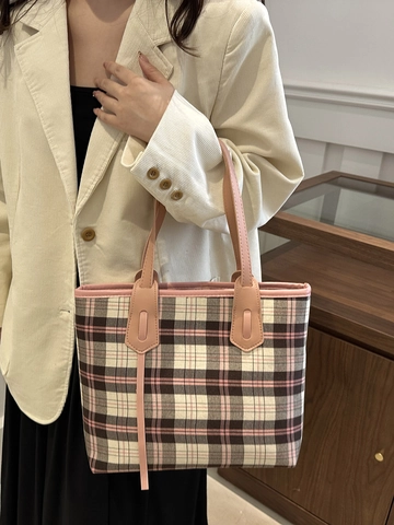 Grand Sac Fourre-tout À Carreaux Toile Cuir PU Sac À Main Épaule Quotidien Commuter Style Coréen Rétro Pour Femmes
