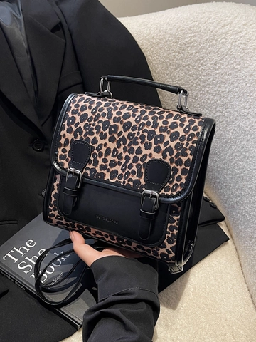 Mode Rucksack Leopard Print PU Leder Vintage Umhängetasche Klein Mit Plüsch Anhänger Für Damen